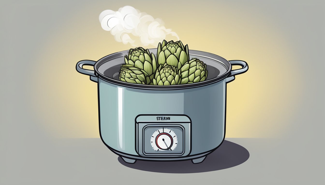 A pot of boiling water with artichokes inside, steam rising, timer set