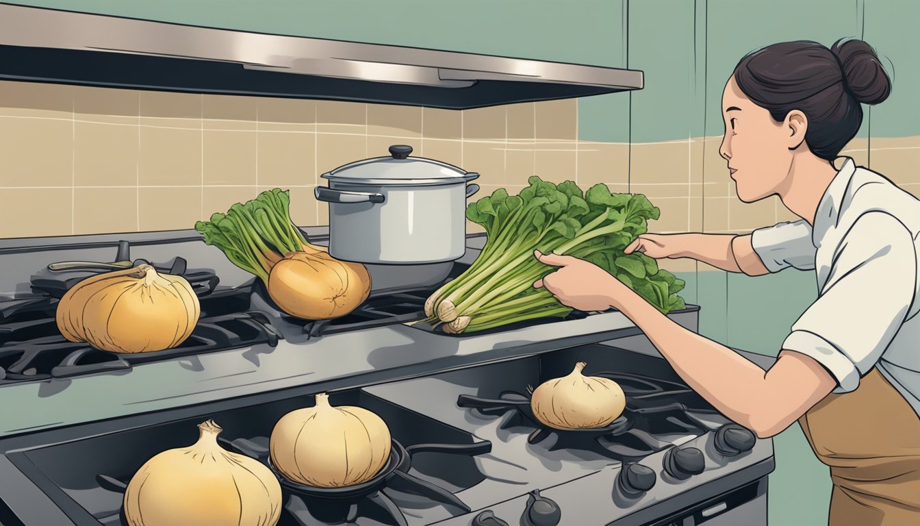 A person selecting turnips from a pile, holding one up to inspect, with a pot of boiling water on the stove