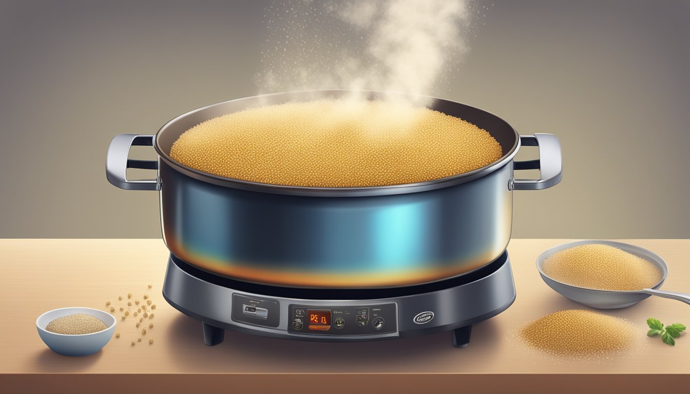 A pot of quinoa simmering on a stovetop, steam rising from the boiling grains