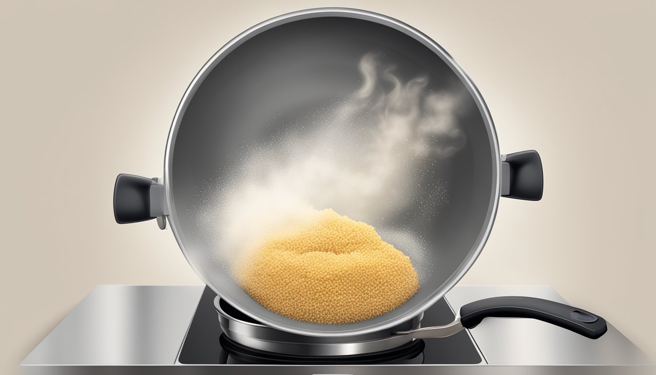 A pot of quinoa boiling on a stove, steam rising, grains expanding and becoming translucent as they cook to the perfect texture