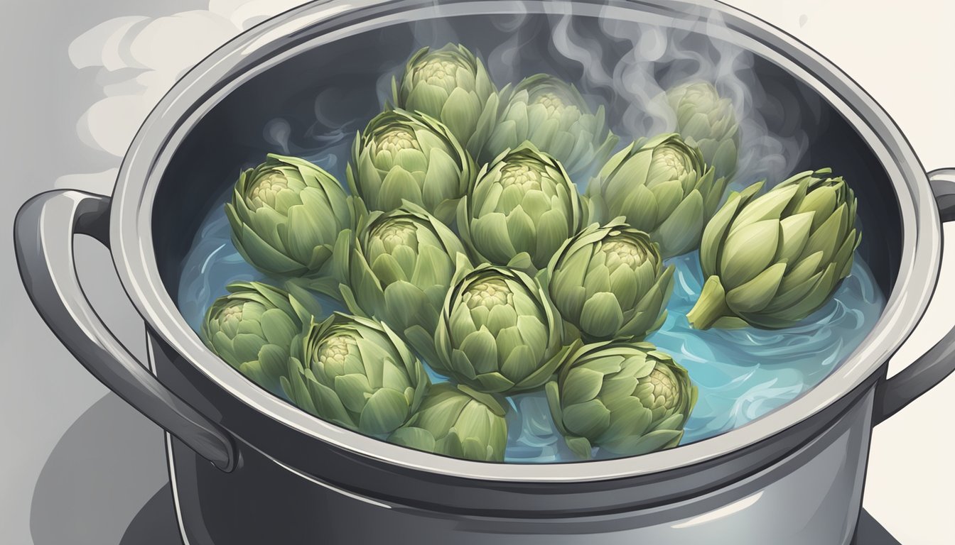 A pot of boiling water with artichokes submerged, steam rising. Timer set for perfect tenderness