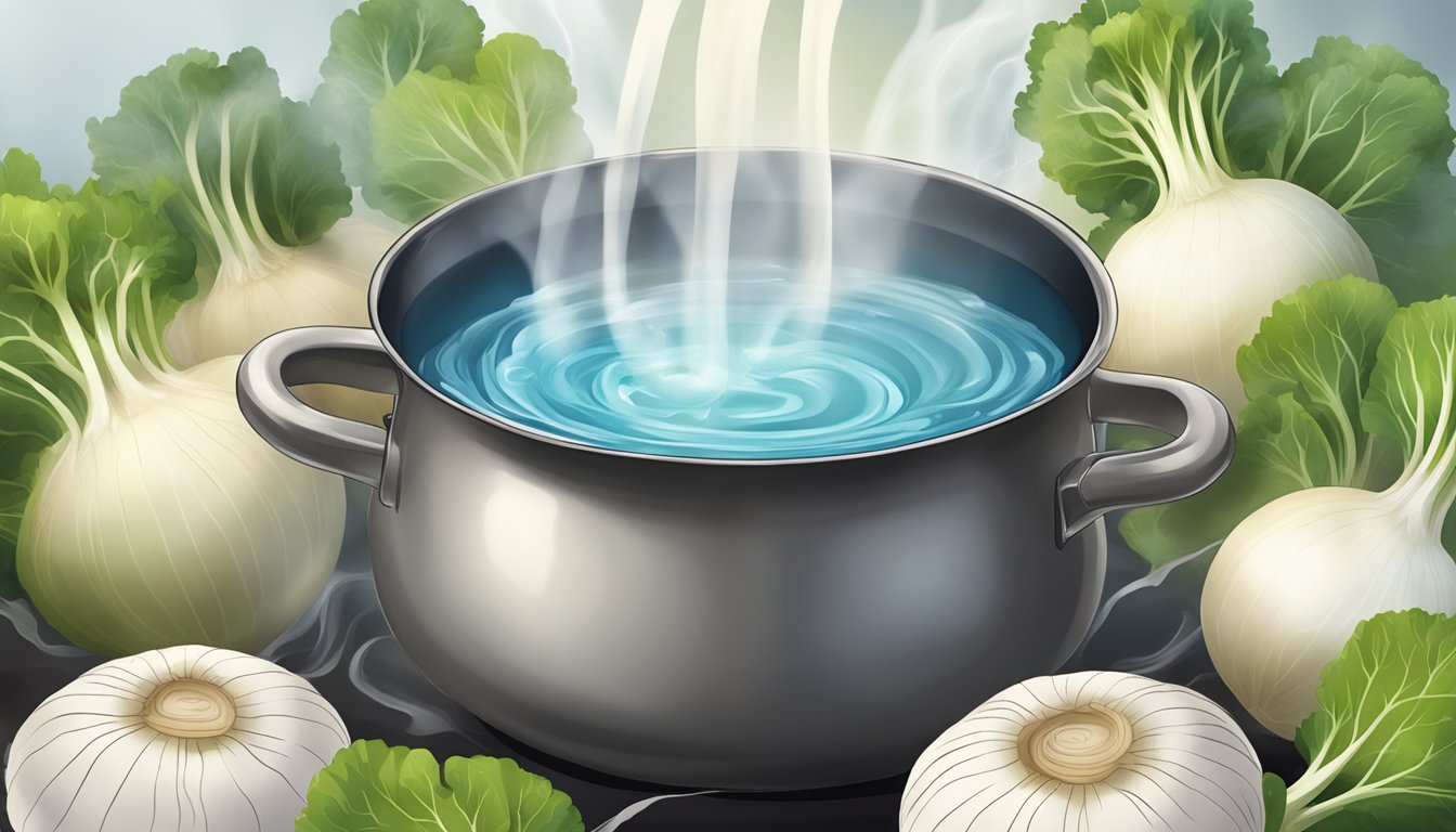 A pot of water with turnips inside, steam rising from the boiling water