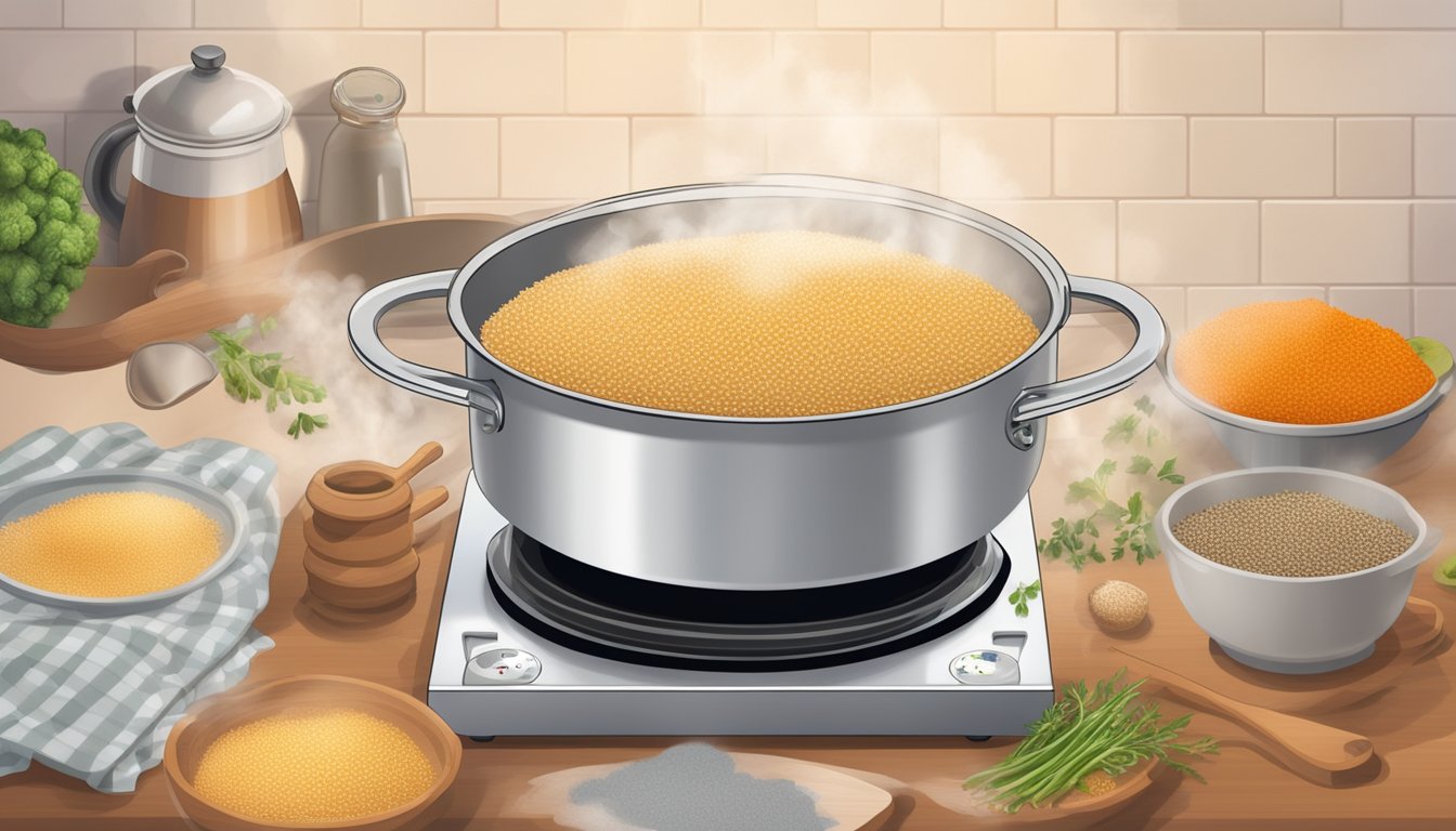 Quinoa grains simmering in a pot of boiling water, steam rising, with a timer set nearby. Ingredients like vegetables and spices are laid out on a nearby counter