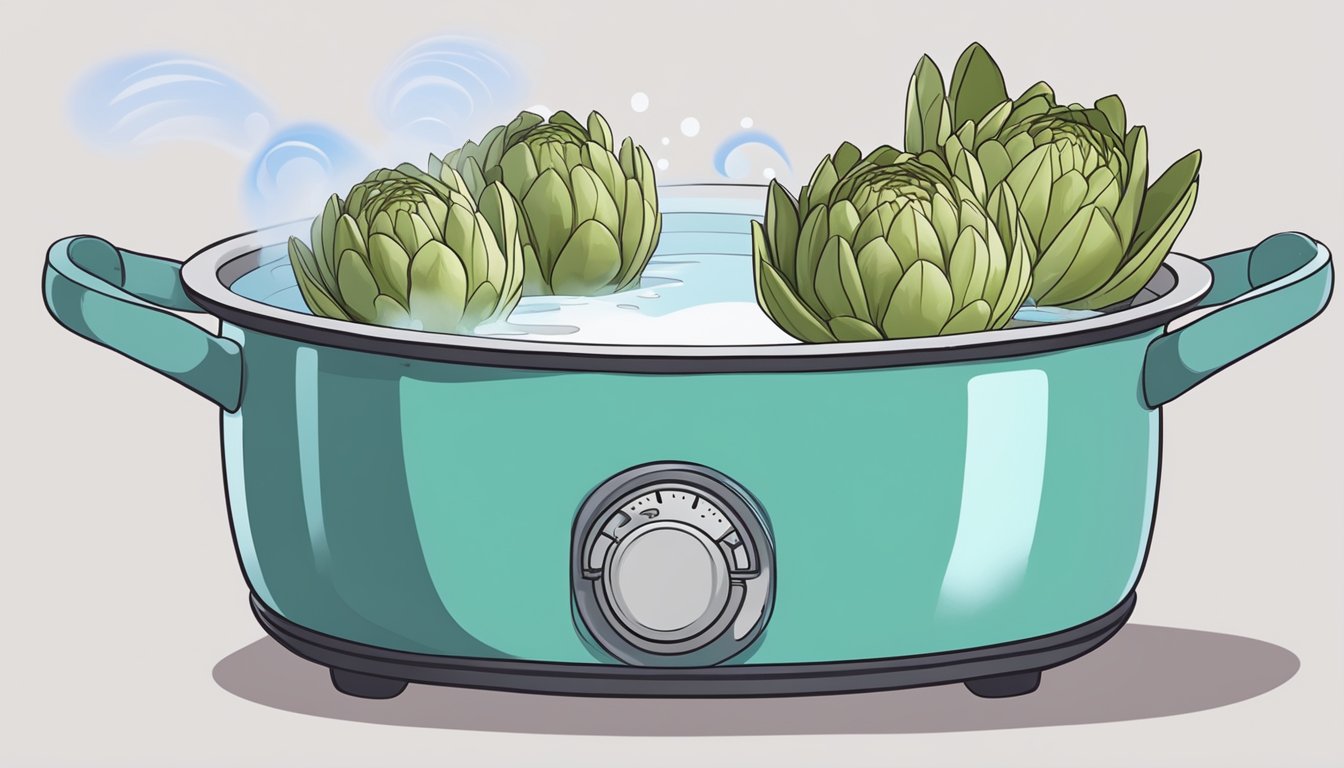 A pot of boiling water with artichokes submerged, steam rising. Timer set for perfect tenderness