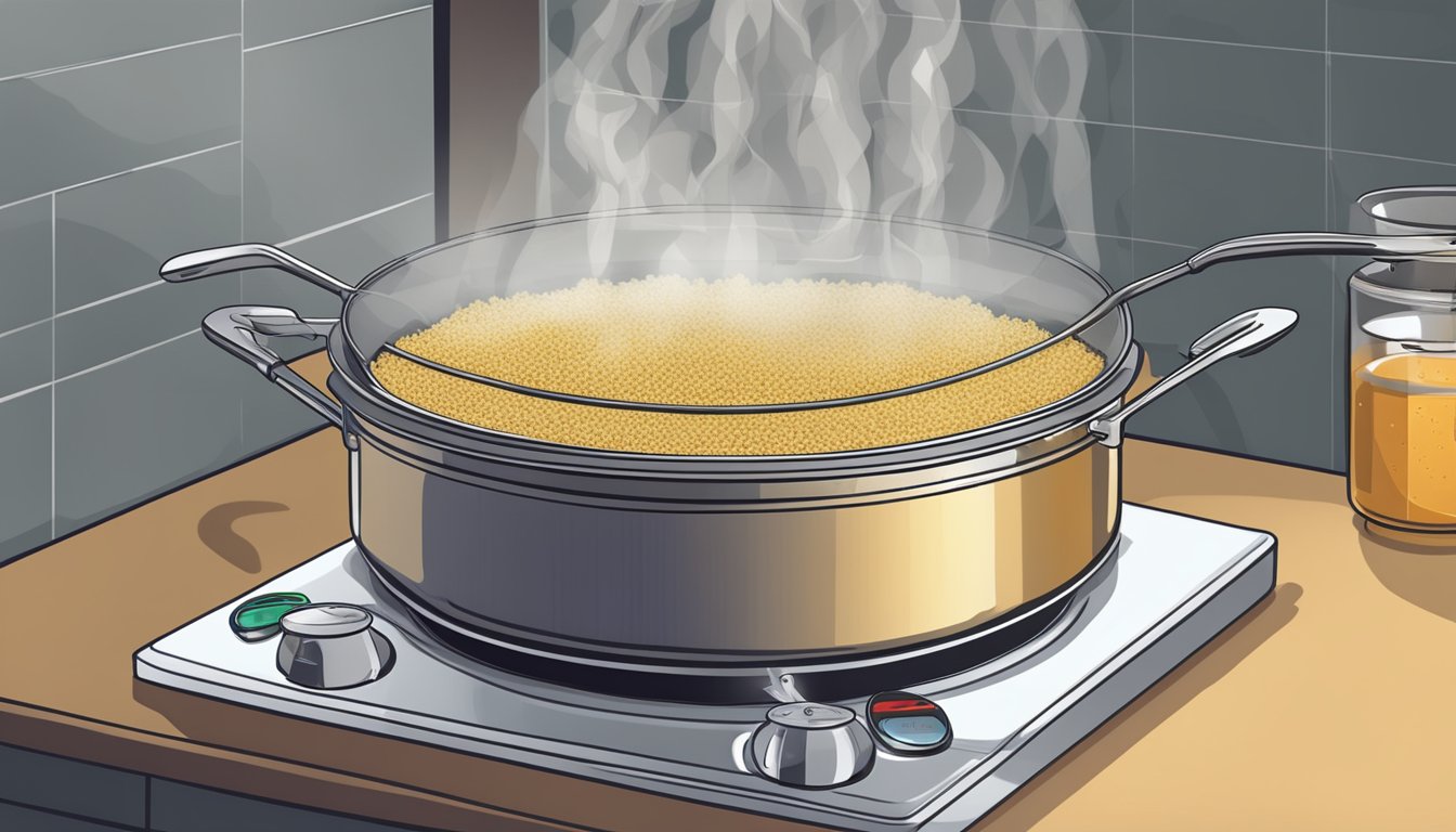 A pot of quinoa simmering on a stovetop, steam rising, with a timer set nearby