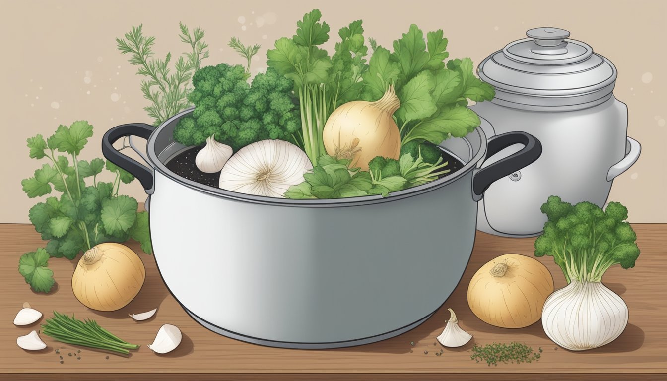 A pot of boiling water with turnips floating inside, surrounded by various herbs and seasonings on a kitchen counter