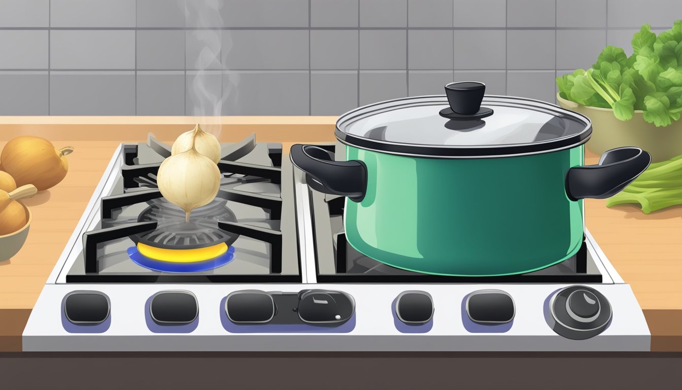 A pot of turnips boiling on a stovetop, steam rising, with a timer set for the recommended boiling time