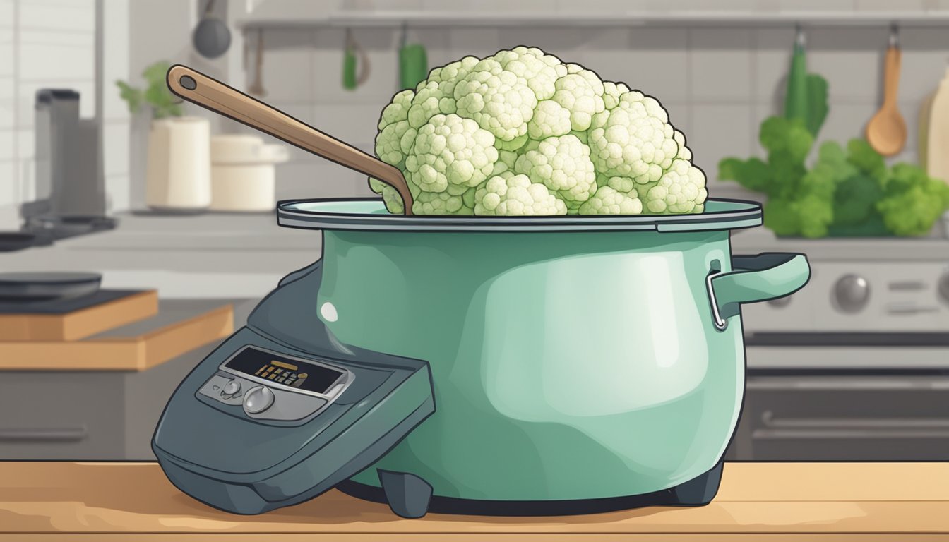 A pot of boiling water with a whole head of cauliflower being lowered in by a slotted spoon