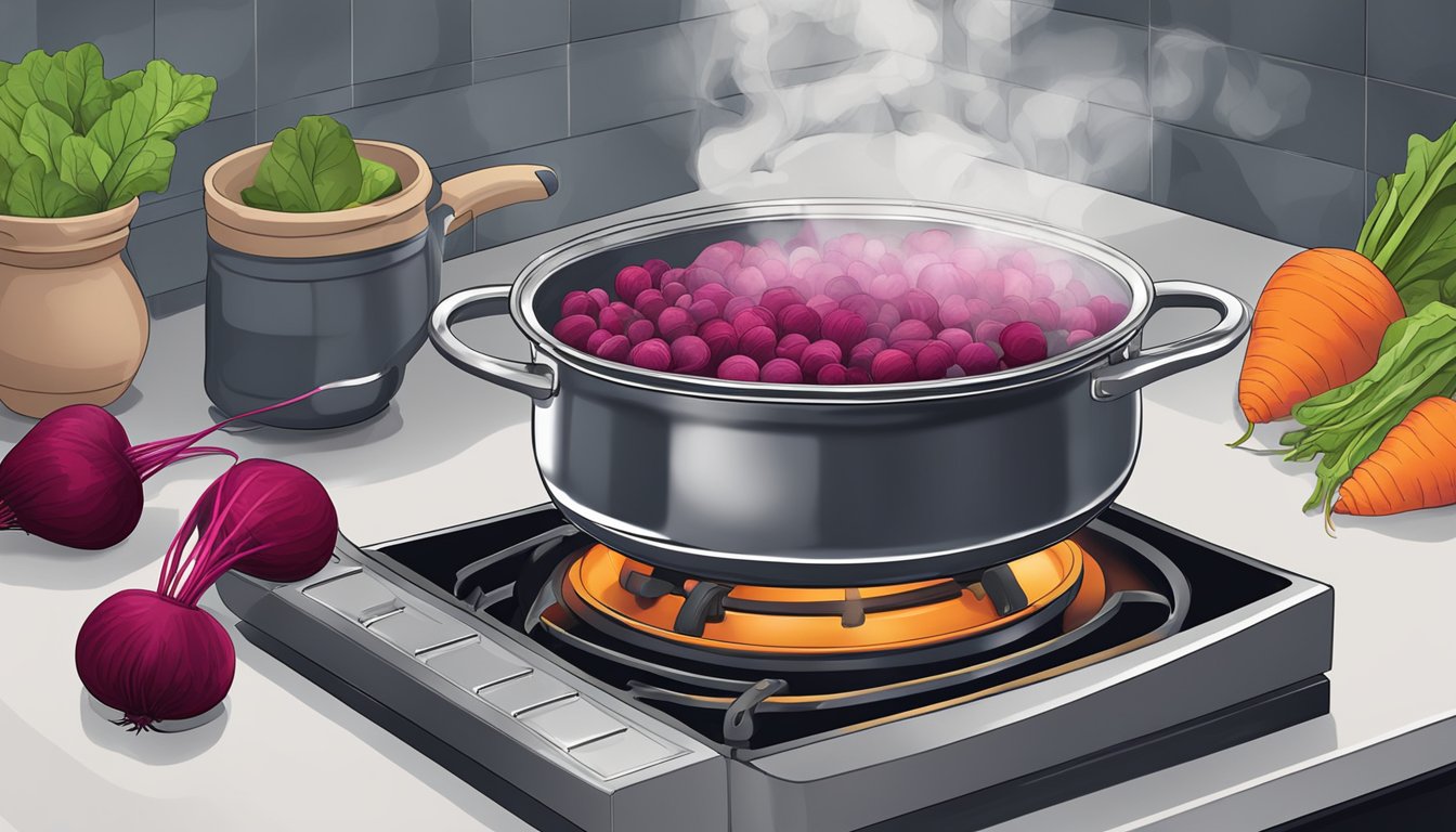 A pot of beets boiling on a stovetop, steam rising, with a timer set nearby. Beets of various sizes and colors are being carefully selected and washed