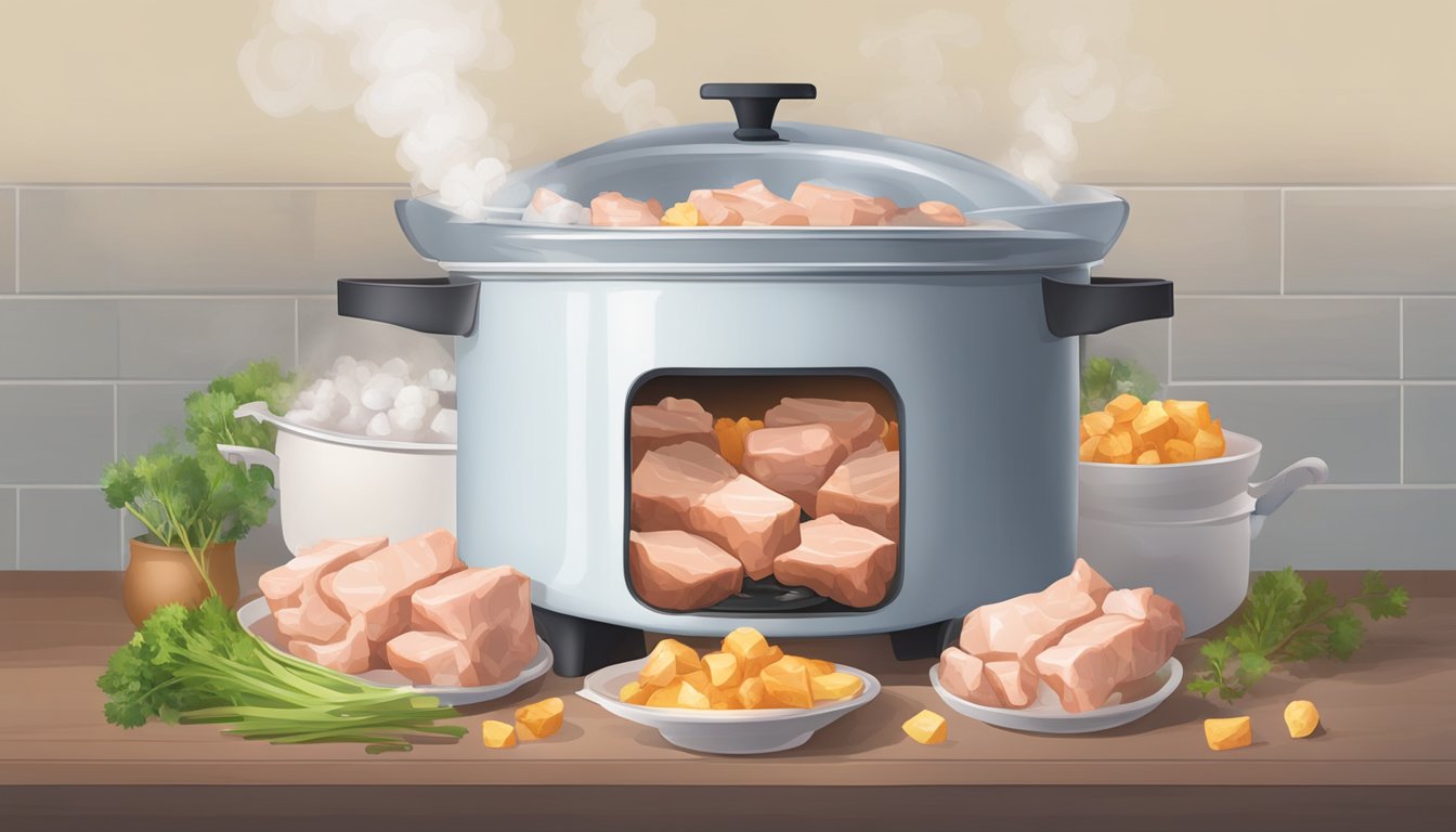 A pot of boiling water with pork pieces inside, steam rising