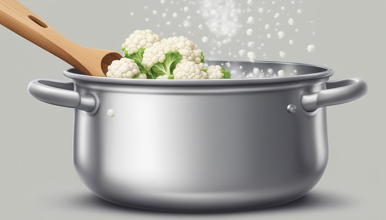 A pot of boiling water with cauliflower florets being dropped in