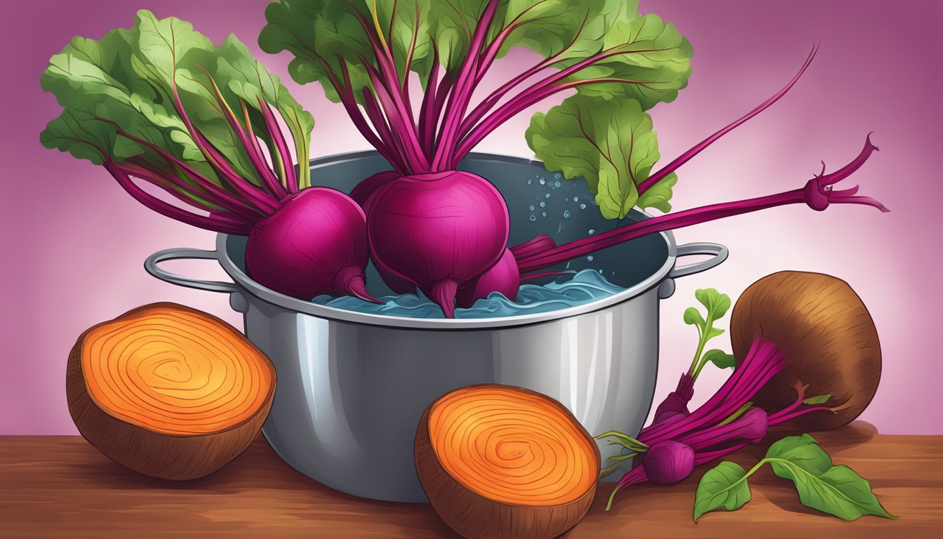 Beets boiling in a pot of water, steam rising, vibrant colors, and the texture just right