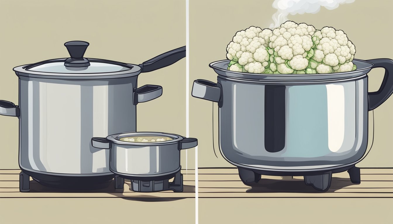 A pot of boiling water with a head of cauliflower being carefully lowered in. Timer set and steam rising