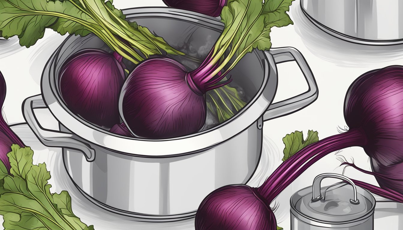 Boiled beets in a pot with steam rising, timer set for perfect texture