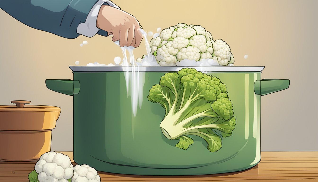 A pot of boiling water with a head of cauliflower being lowered in