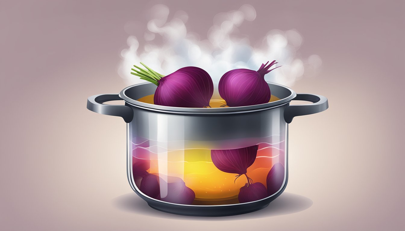 A pot of boiling water with beets inside, steam rising