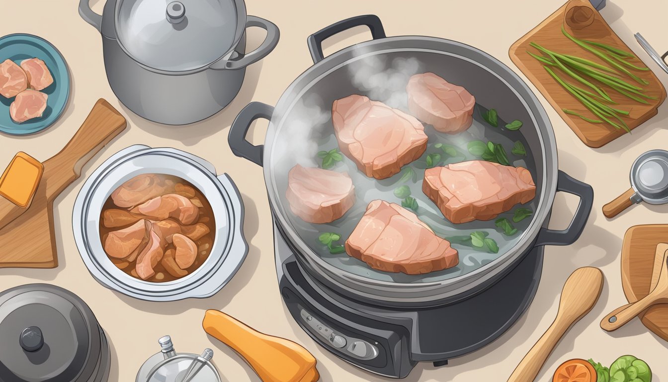 A pot of boiling water with a piece of pork cooking inside, surrounded by various cooking utensils and a timer