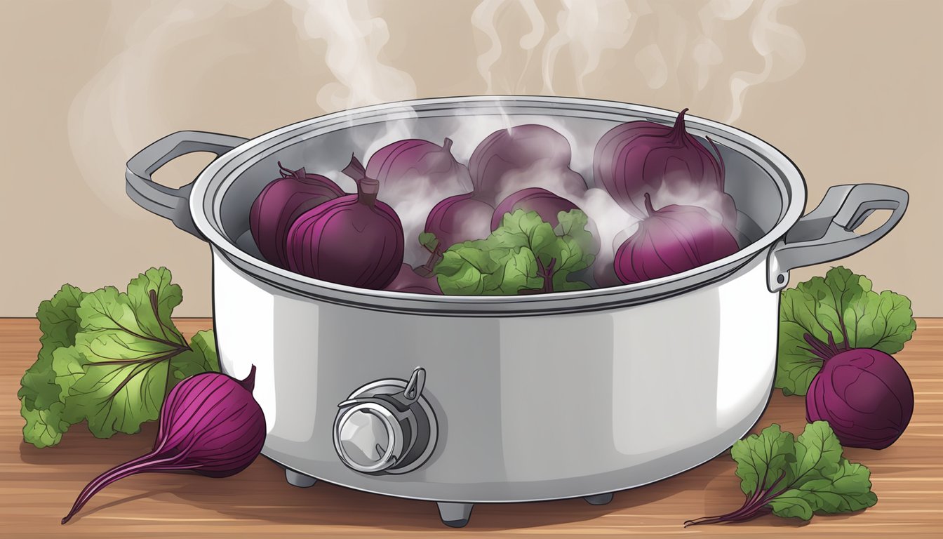 A pot of boiling water with beets inside, steam rising, kitchen utensils nearby