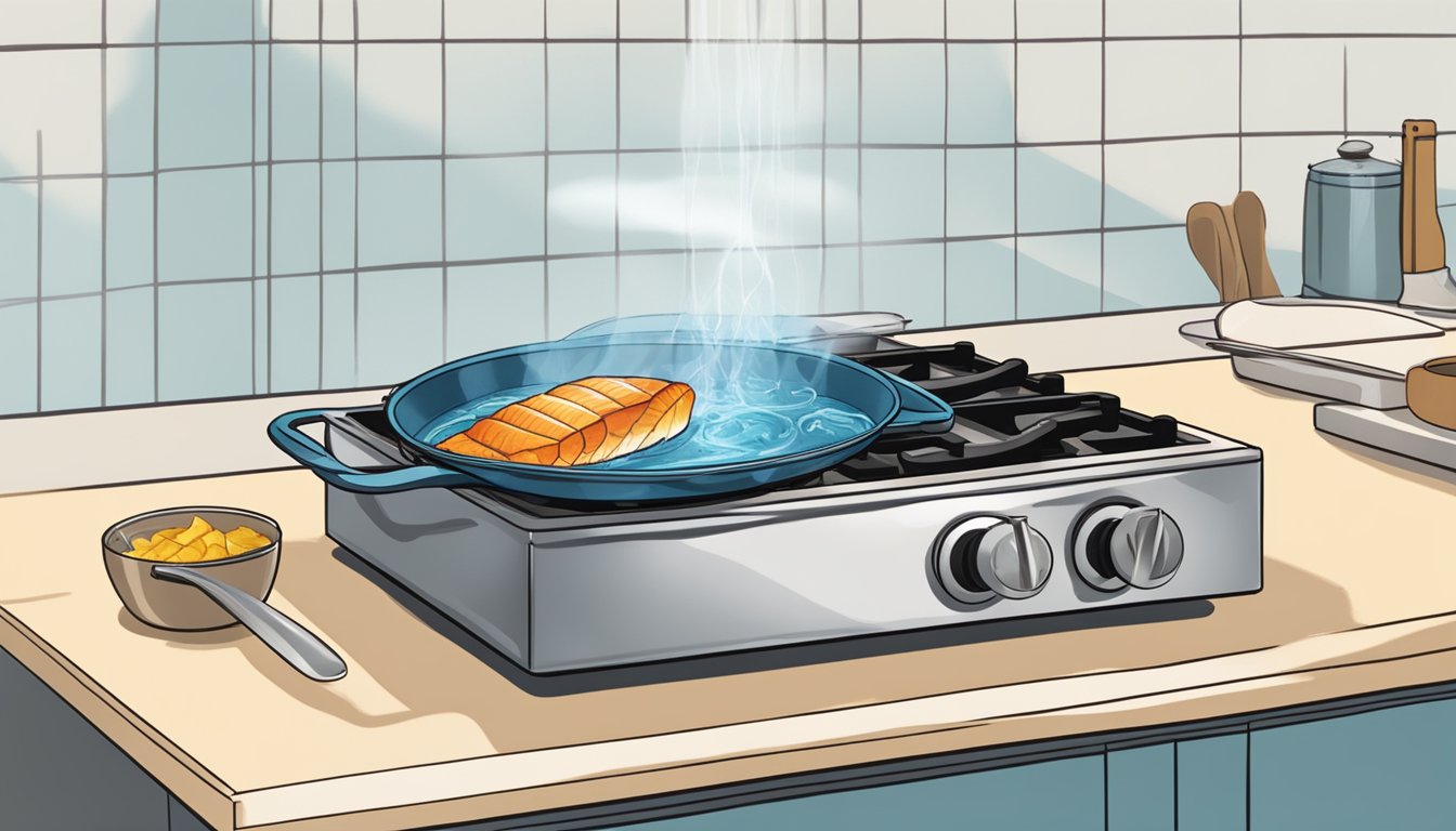 A pot of water simmering on a stovetop, with fish fillets being gently lowered into the water