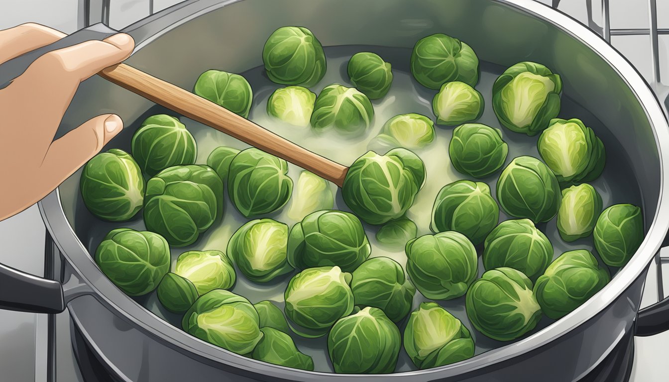 Brussels sprouts being placed in a pot of boiling water