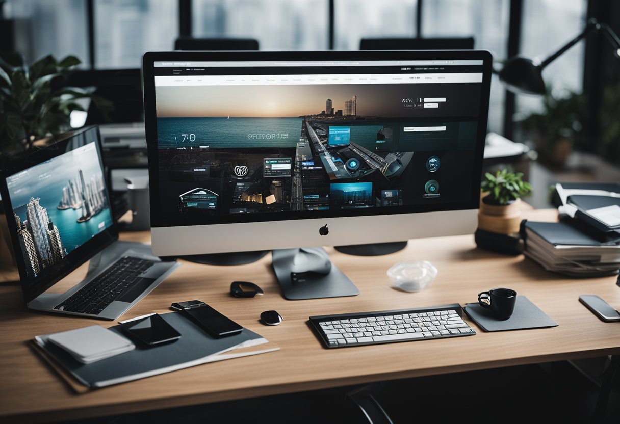 A computer with a WordPress website on the screen, surrounded by design tools and a creative workspace