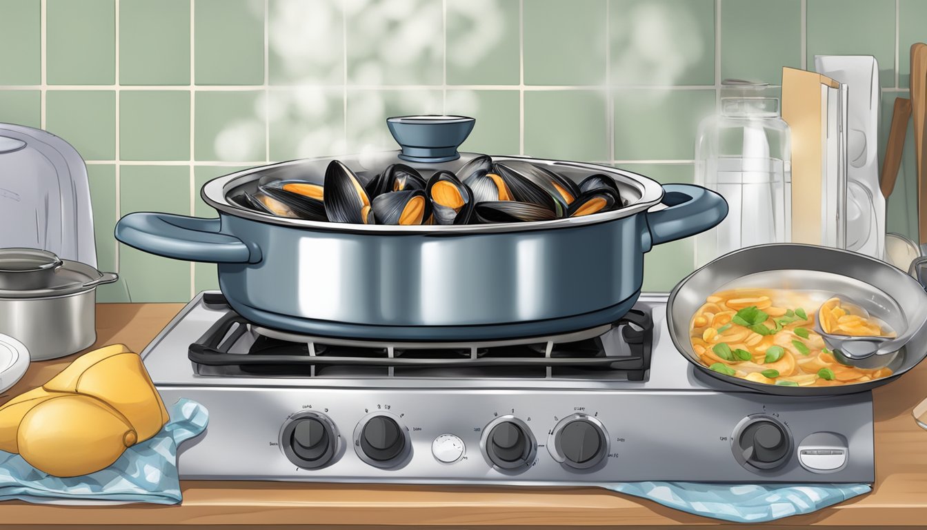 A pot of water on a stovetop, mussels being placed inside, a timer set for boiling