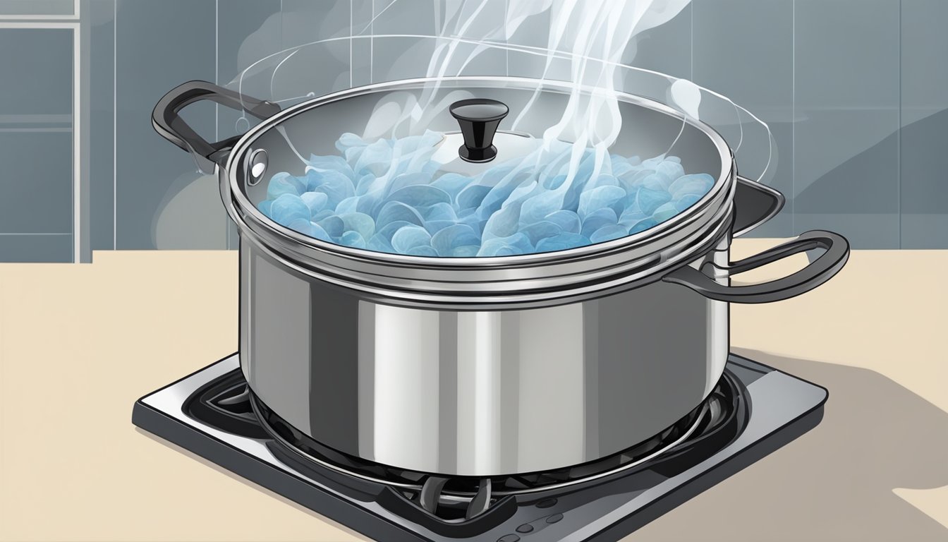 A pot of water boiling on a stove, with fish fillets being gently lowered into the bubbling water