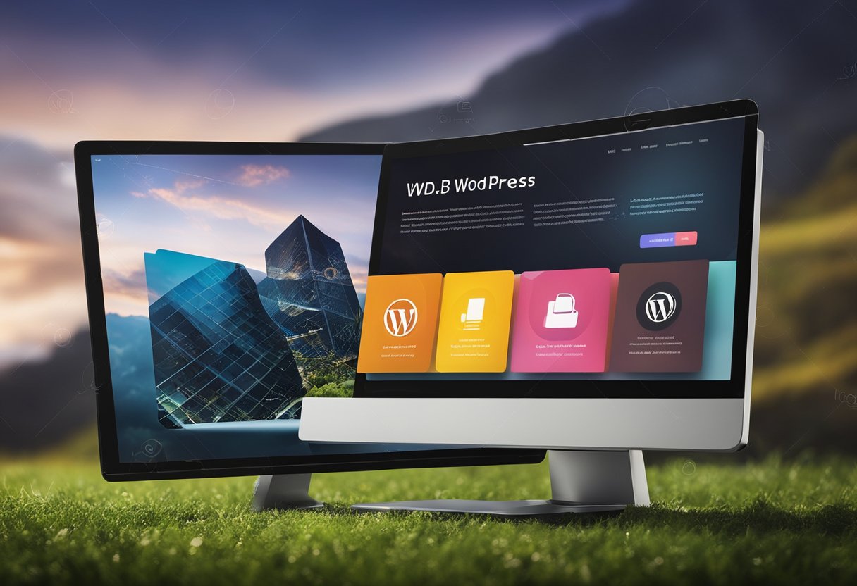 A computer screen displaying a sleek and modern WordPress website design, with clean layout and vibrant colors, showcasing various features and functionalities