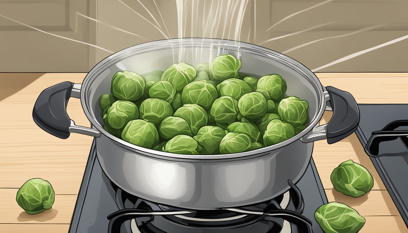 Brussels sprouts boiling in a pot of water on a stovetop