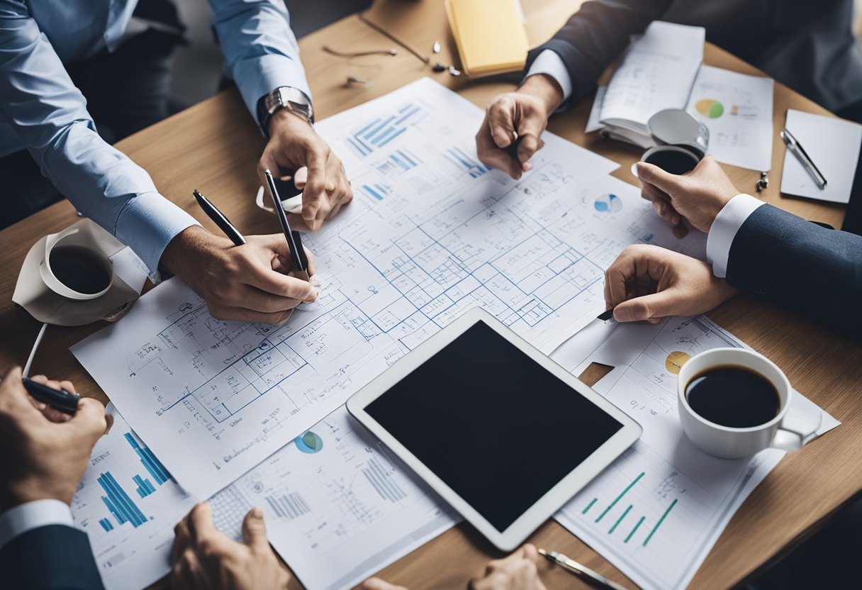 A group of professionals brainstorming and sketching ideas for a WordPress website design, surrounded by charts and diagrams