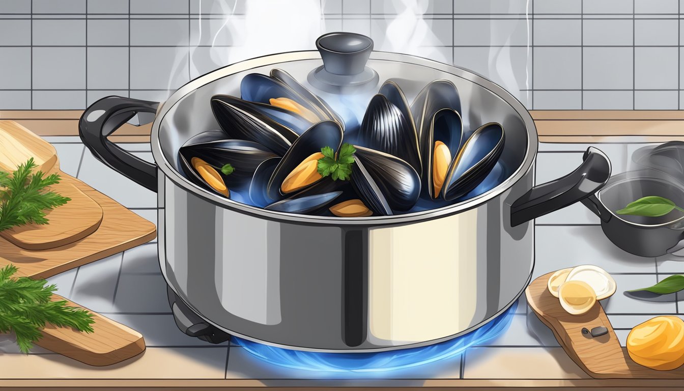 Mussels boiling in a pot on a stove, steam rising, timer set