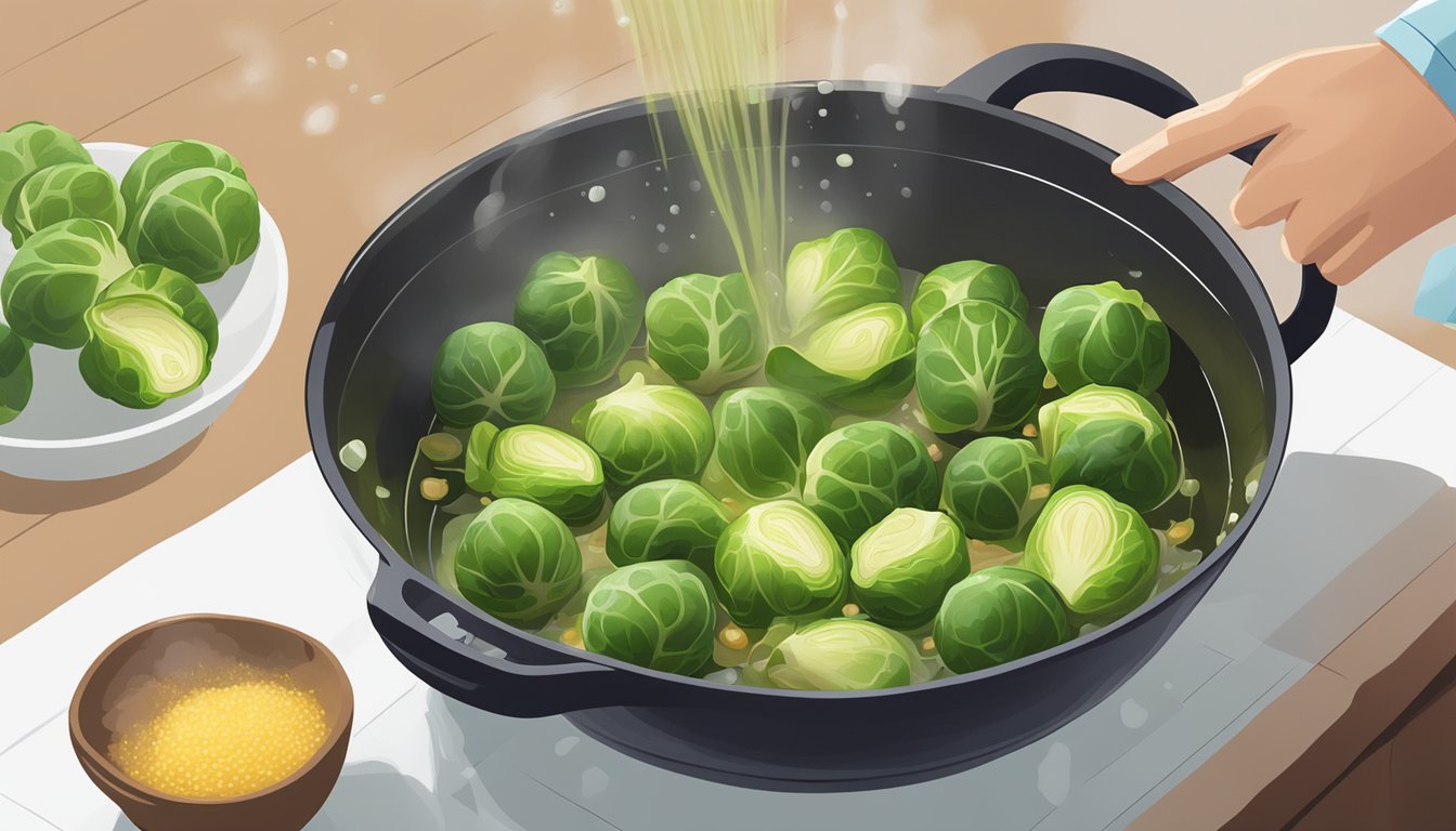 Brussels sprouts boiling in a pot of water with seasoning being added