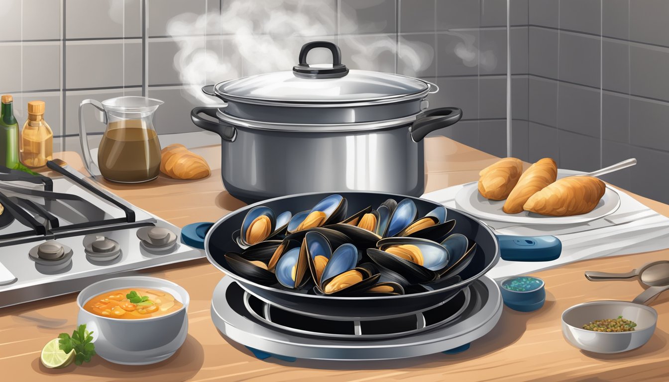 A pot of mussels boiling on the stove, steam rising, with a timer set nearby. A serving platter and utensils prepared on the counter