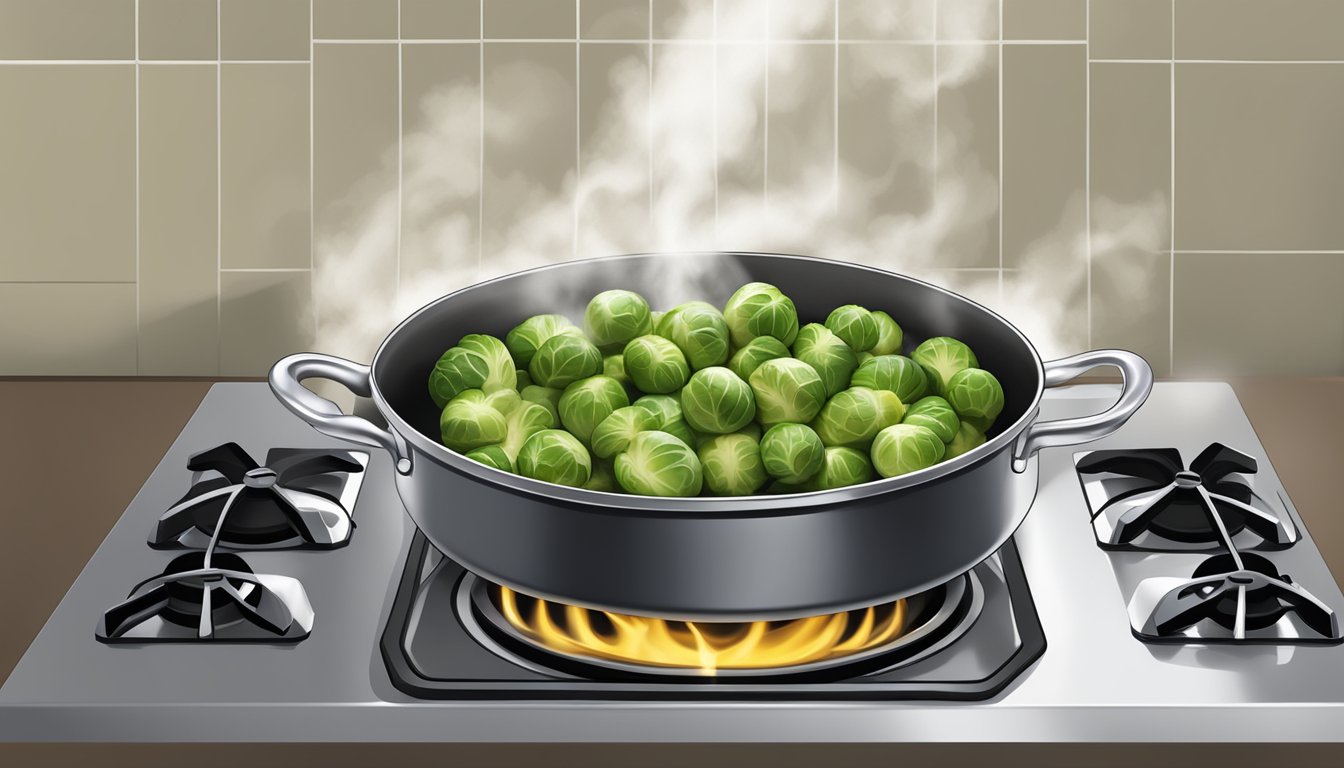 Brussels sprouts boiling in a pot of water on a stovetop, steam rising from the pot