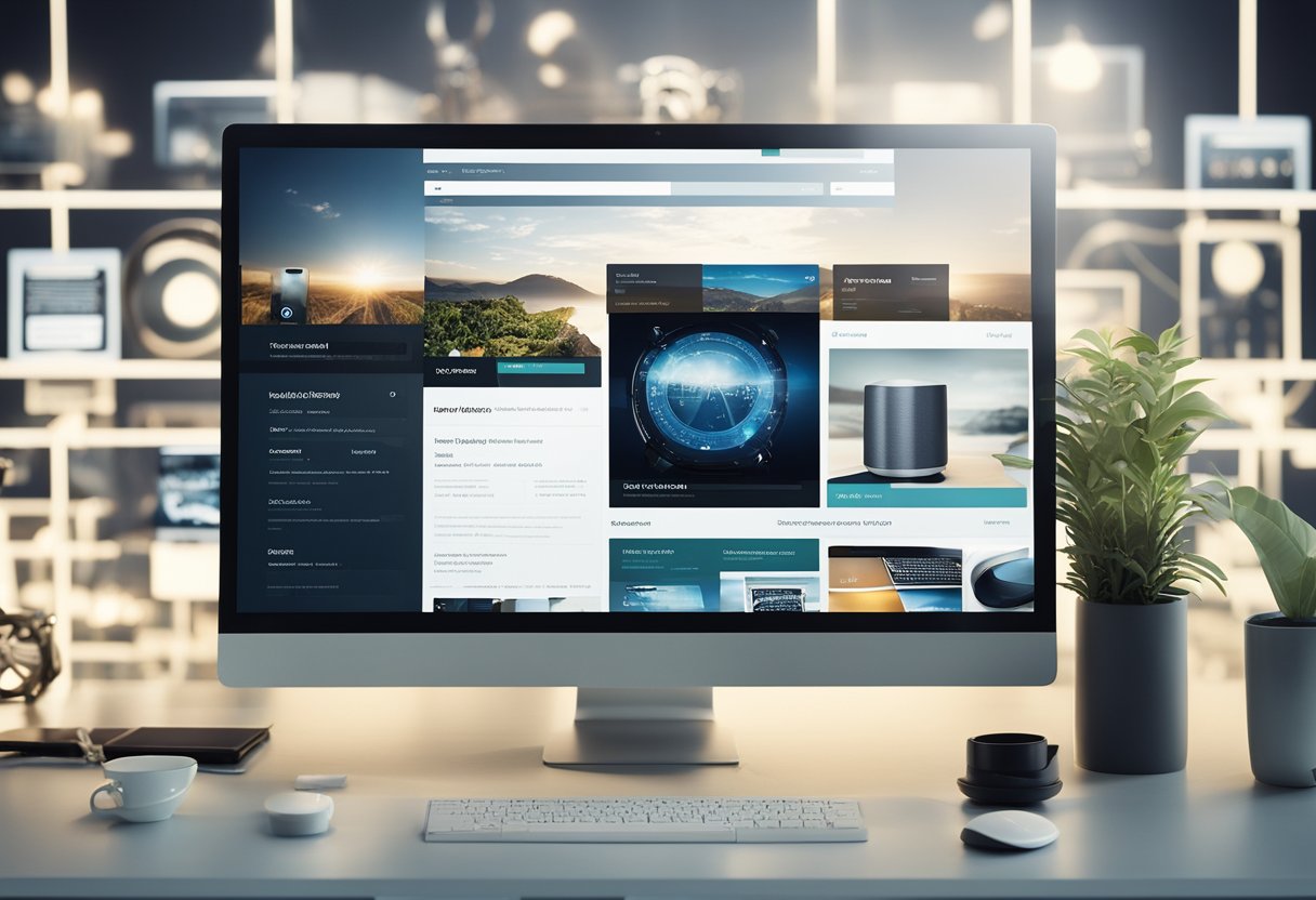 A computer screen displaying a sleek, modern WordPress website design, with various development tools and elements surrounding it