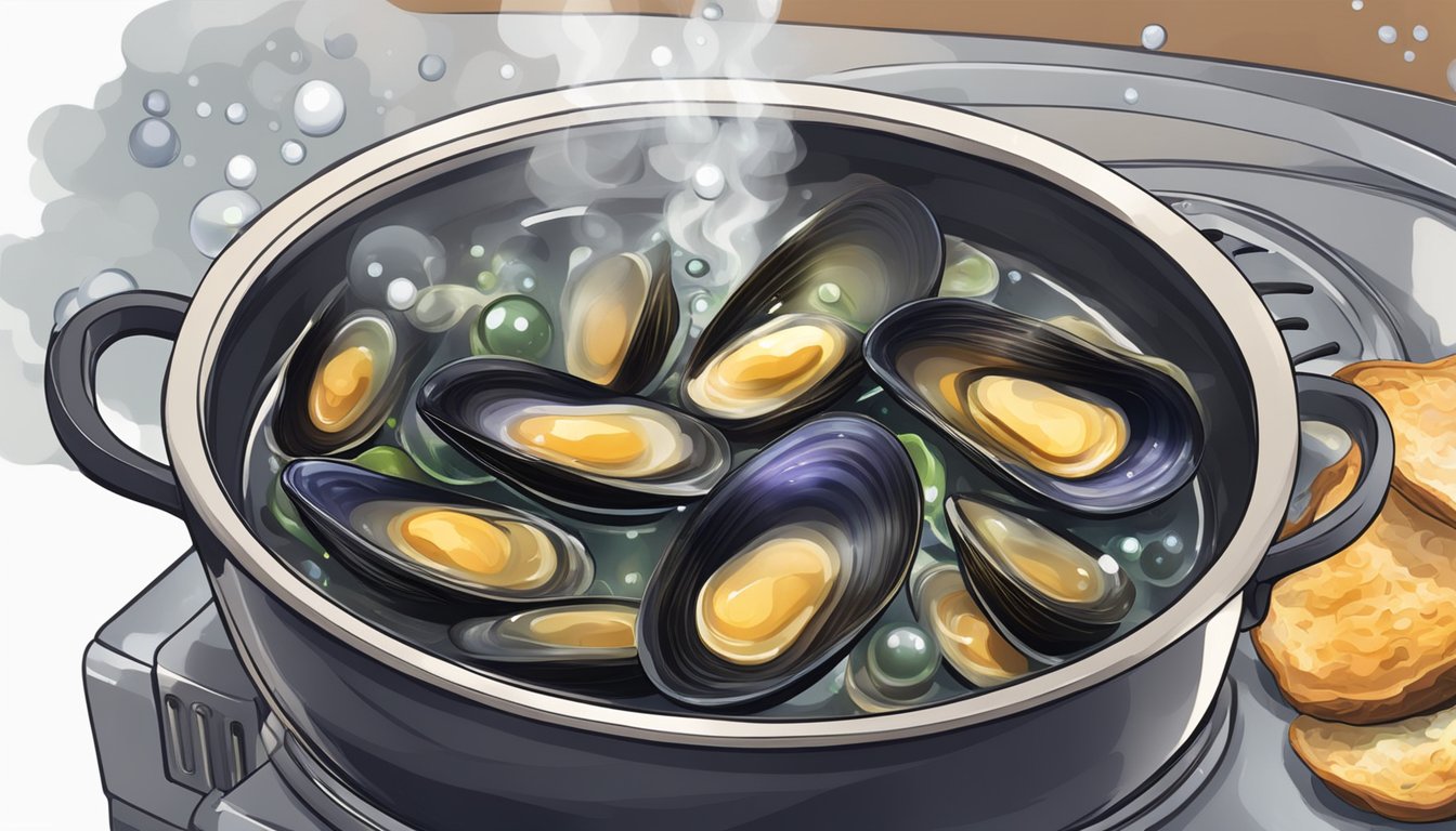 A pot of simmering leftover mussel broth on a stovetop. Steam rising, bubbles forming as it boils