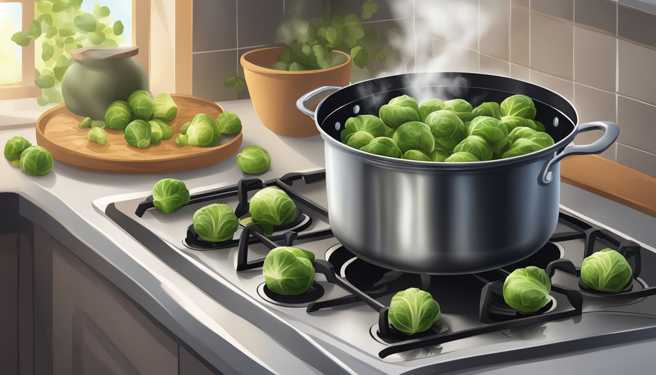 Brussels sprouts boiling in a pot of water on a stove