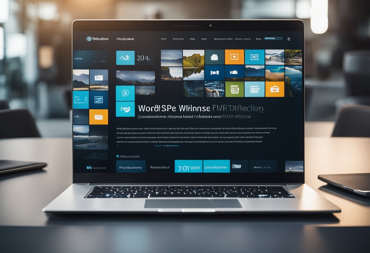 A laptop displaying a sleek, modern WordPress website with various advanced features and integrations. Multiple browser windows show seamless functionality