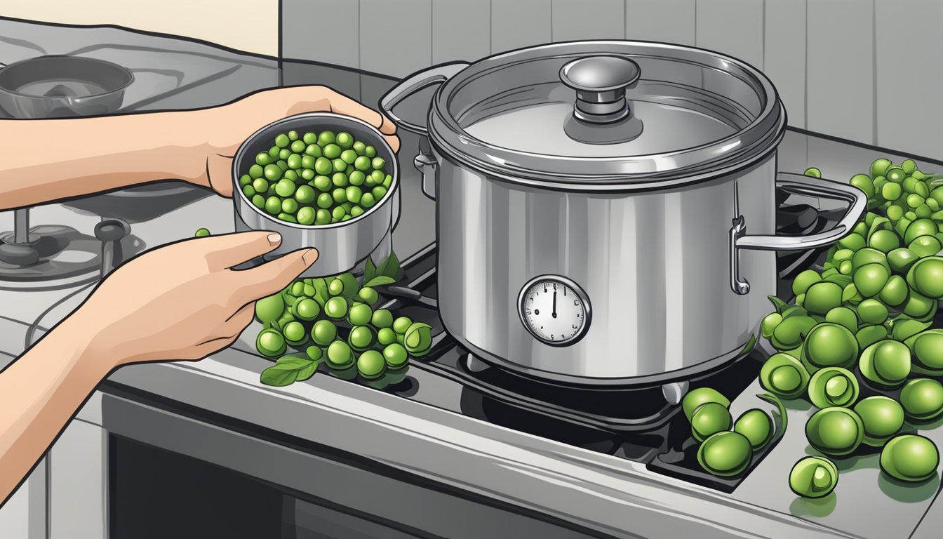 A hand holding a handful of fresh peas, a pot of boiling water on a stove, a timer set for optimal sweetness preservation