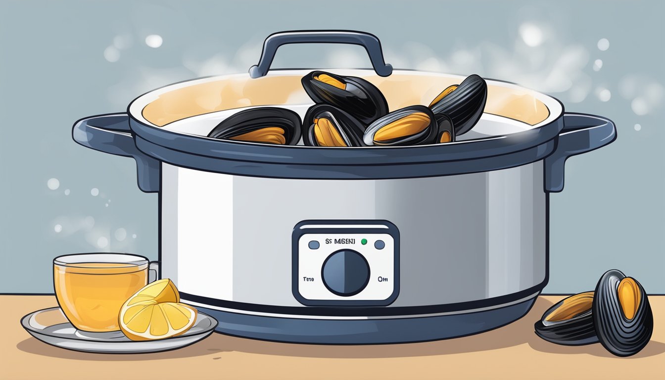 A pot of boiling water with mussels being added and a timer set