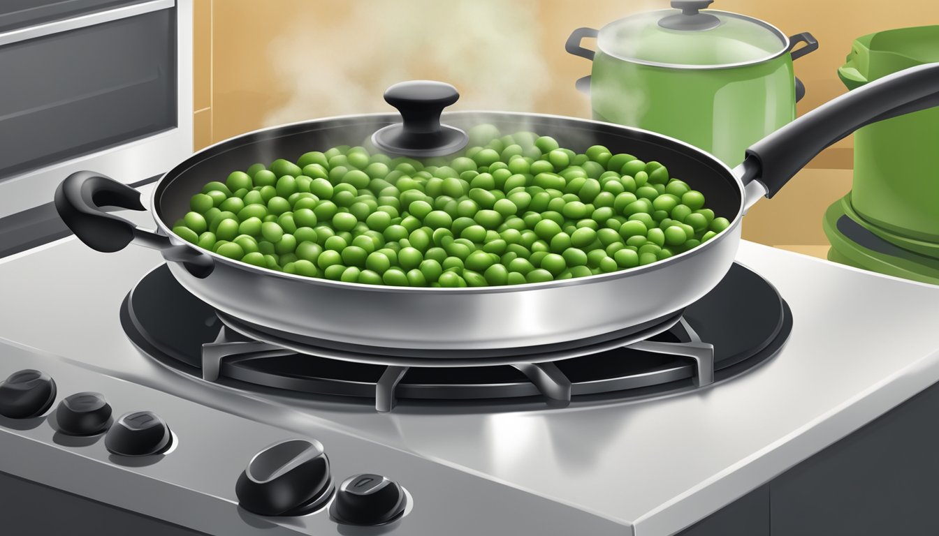 A pot of peas boiling on a stovetop, steam rising as they cook to preserve their optimal sweetness and nutritional value