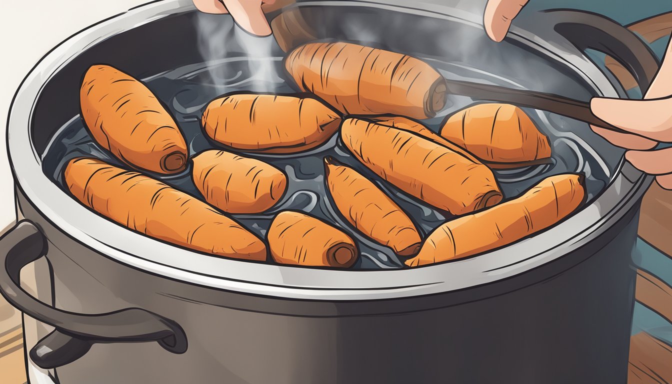 Sweet potatoes being placed in a pot of boiling water