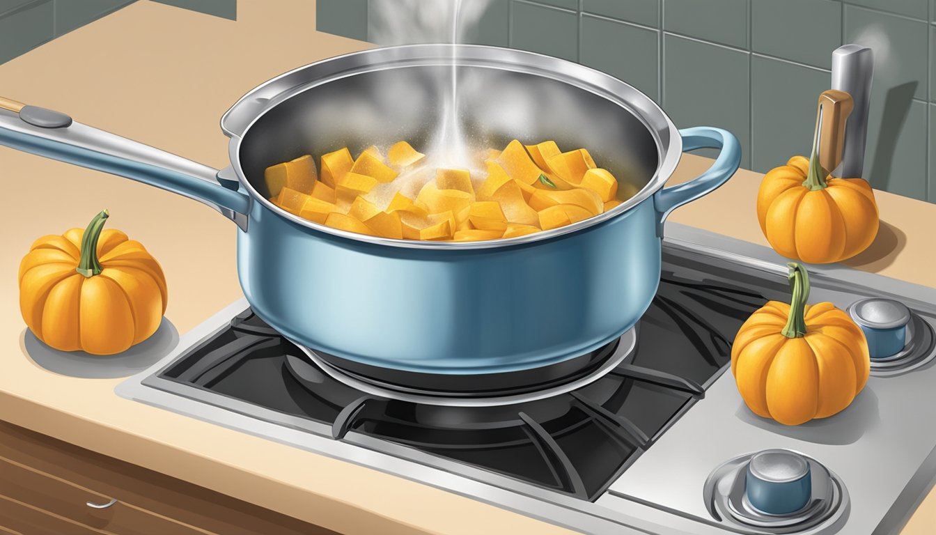 A pot of water boiling on a stove, with a piece of squash being lowered into it using a slotted spoon