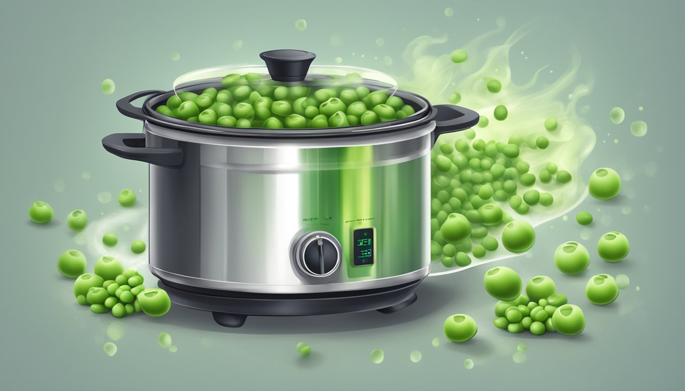 Peas boiling in a pot on a stove, steam rising, timer set for optimal sweetness preservation