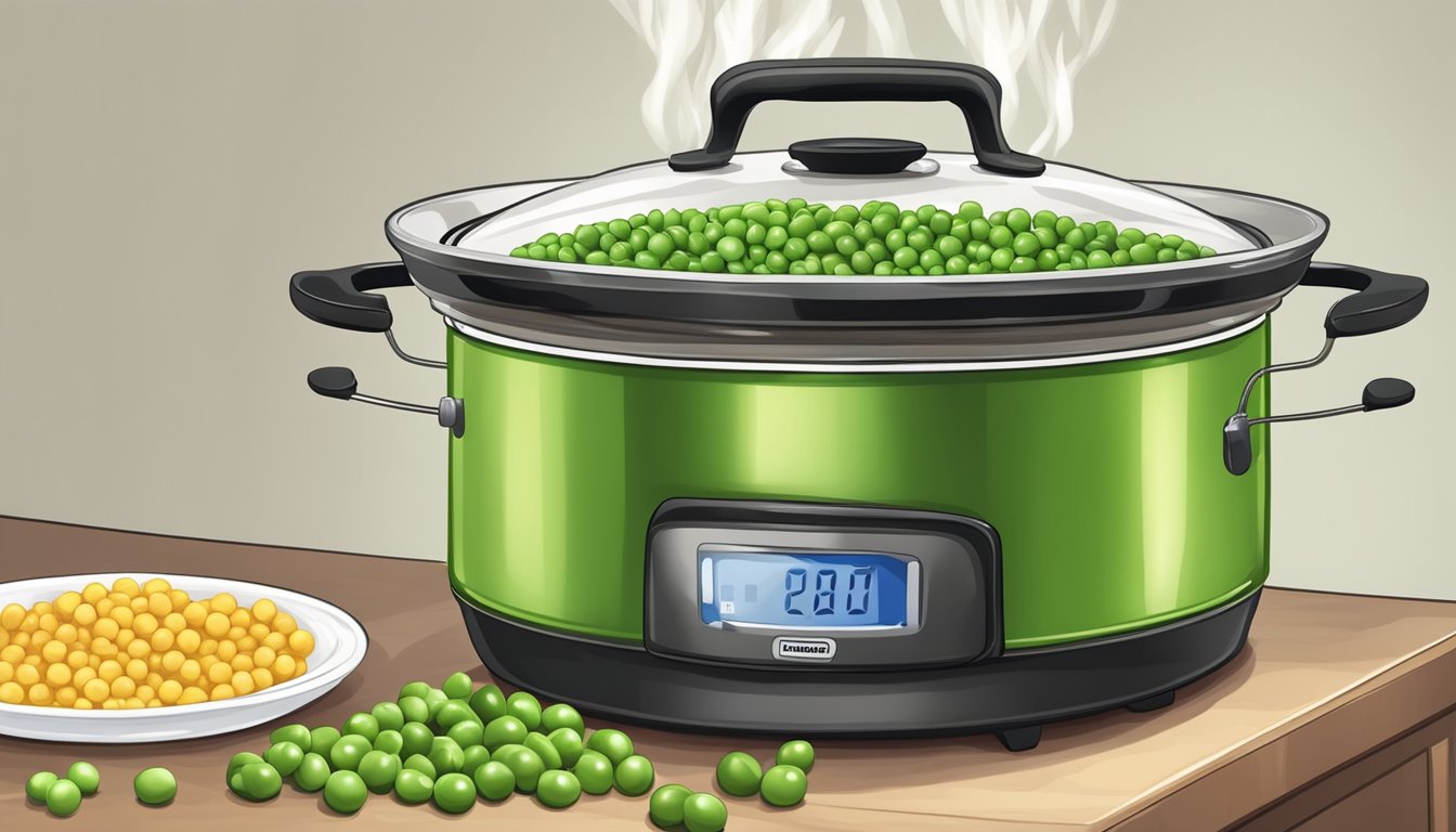 A pot of peas simmering on a stove, steam rising, with a timer set for optimal sweetness preservation