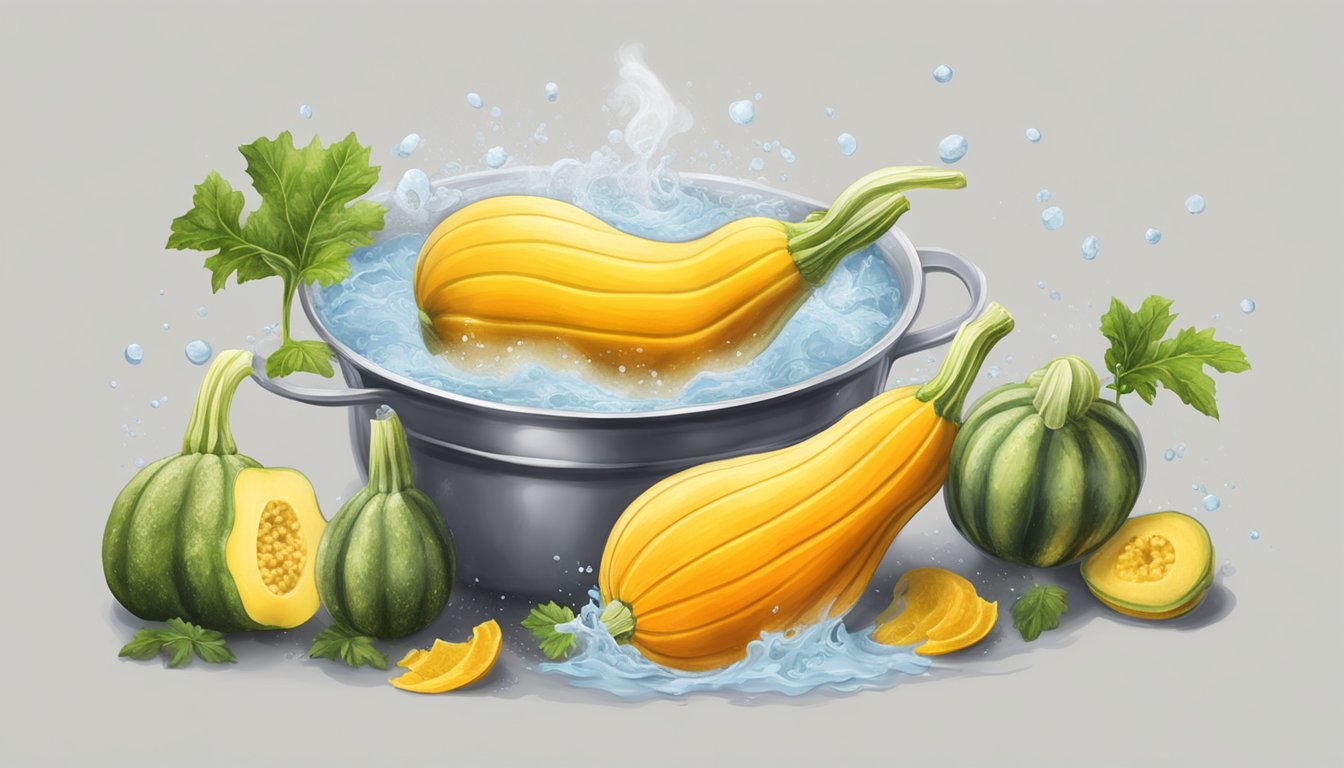 Squash submerged in boiling water, steam rising, flavoring added