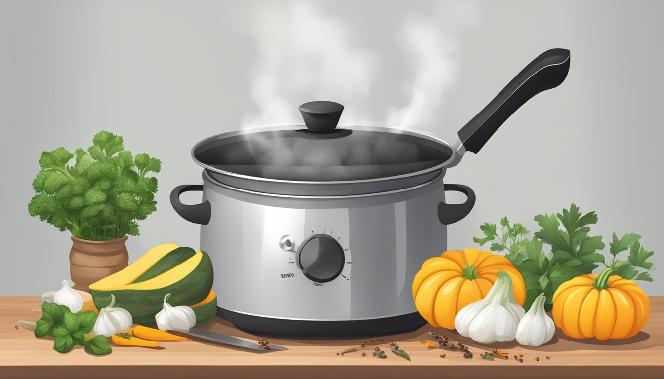 A pot of boiling water with sliced squash inside, steam rising. A timer set nearby. A chef's knife and cutting board with fresh herbs and spices