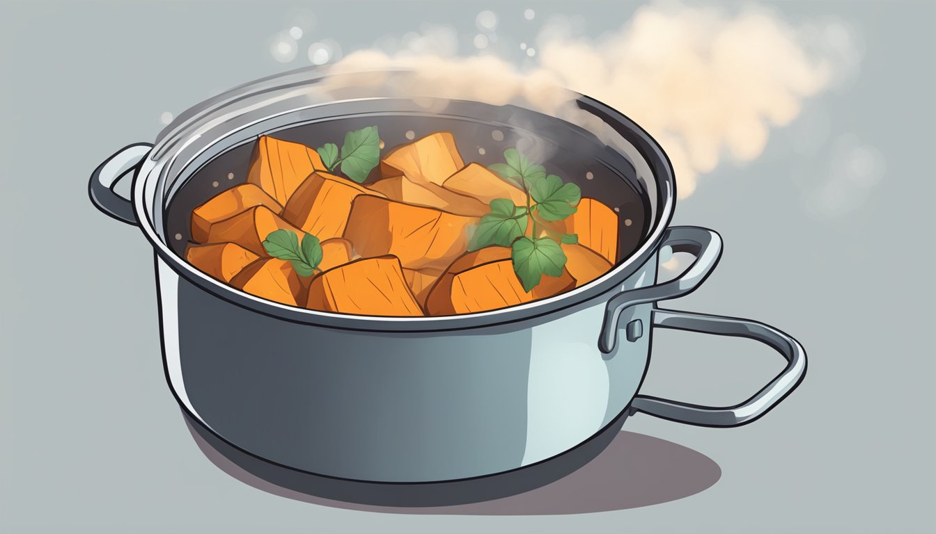 A pot of boiling water with sweet potatoes inside, steam rising