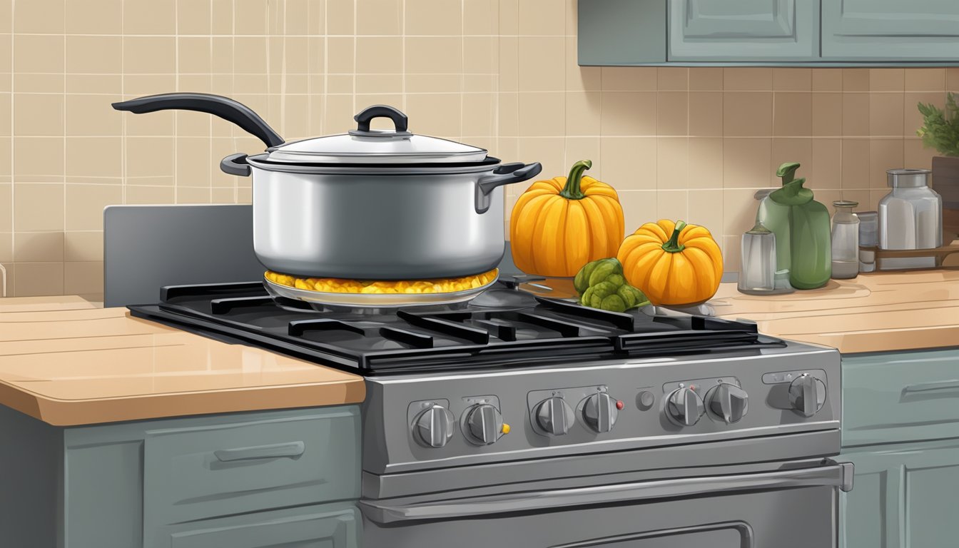 A pot of water boiling on a stove, with a whole squash sitting on the counter next to it