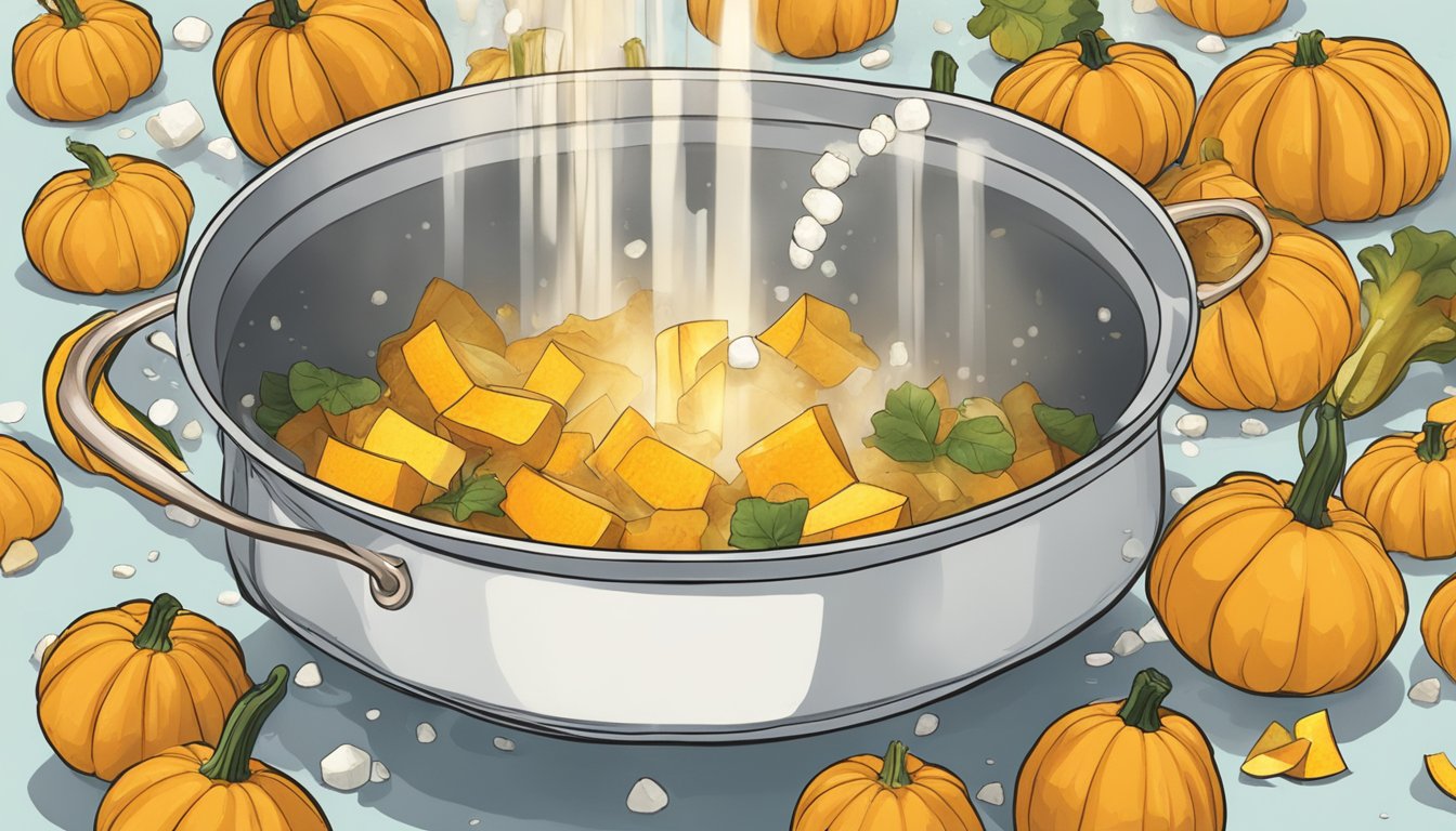 A pot of boiling water with chunks of squash being dropped in